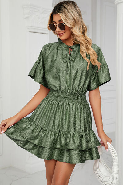 Smocked Tie Neck Flounce Sleeve Dress Trendsi