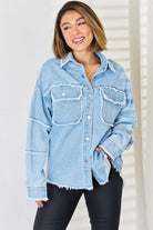 PEACE Raw Hem Dropped Shoulder Denim Top Trendsi