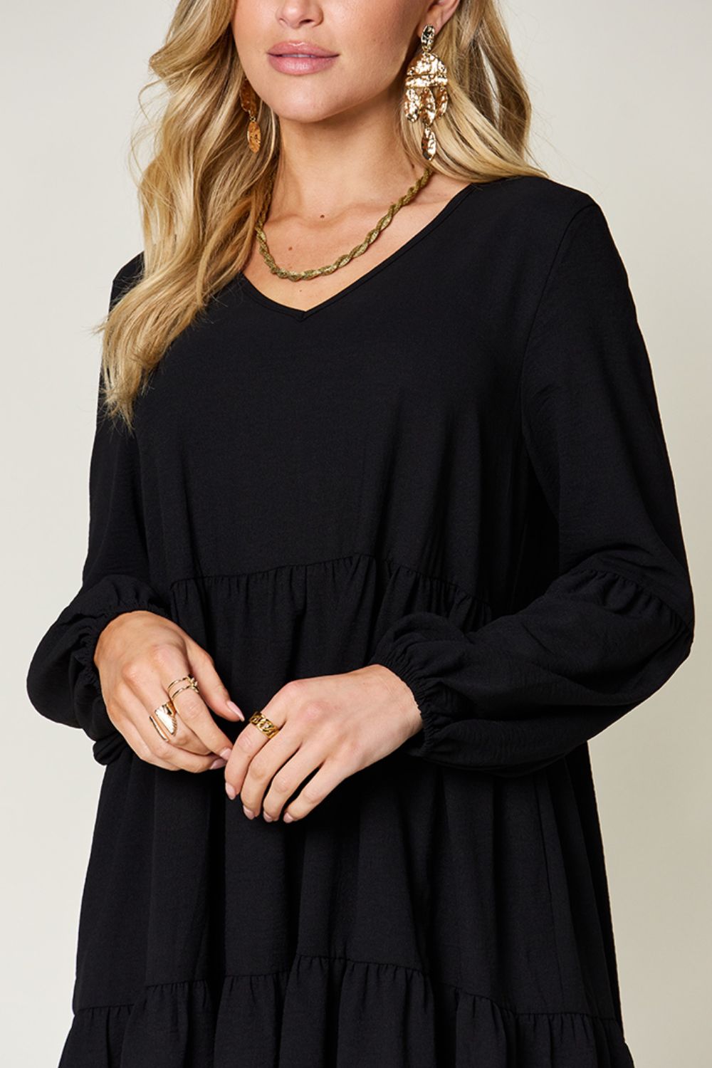 Double Take Full Size V-Neck Balloon Sleeve Tiered Dress Trendsi