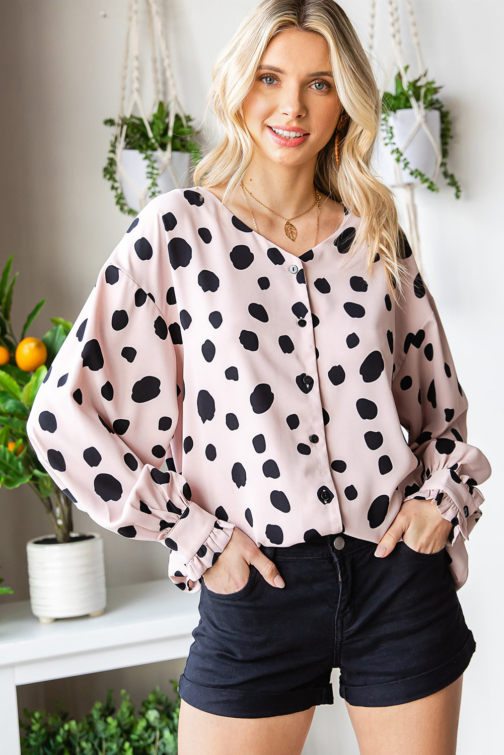 Printed Button Up Flounce Sleeve Shirt Trendsi