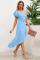 Ruffled Asymmetrical Neck Flutter Sleeve Dress Trendsi