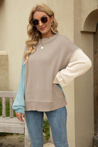 Color Block Round Neck Dropped Shoulder Sweater Trendsi