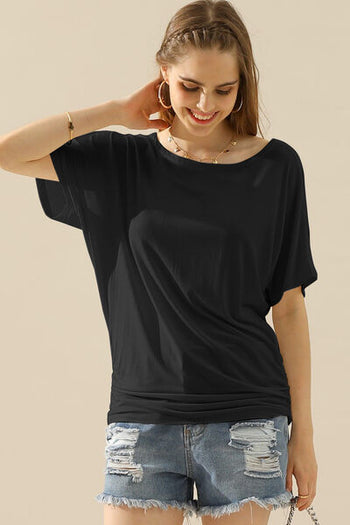 Ninexis Boat Neck Short Sleeve Ruched Side Top Trendsi