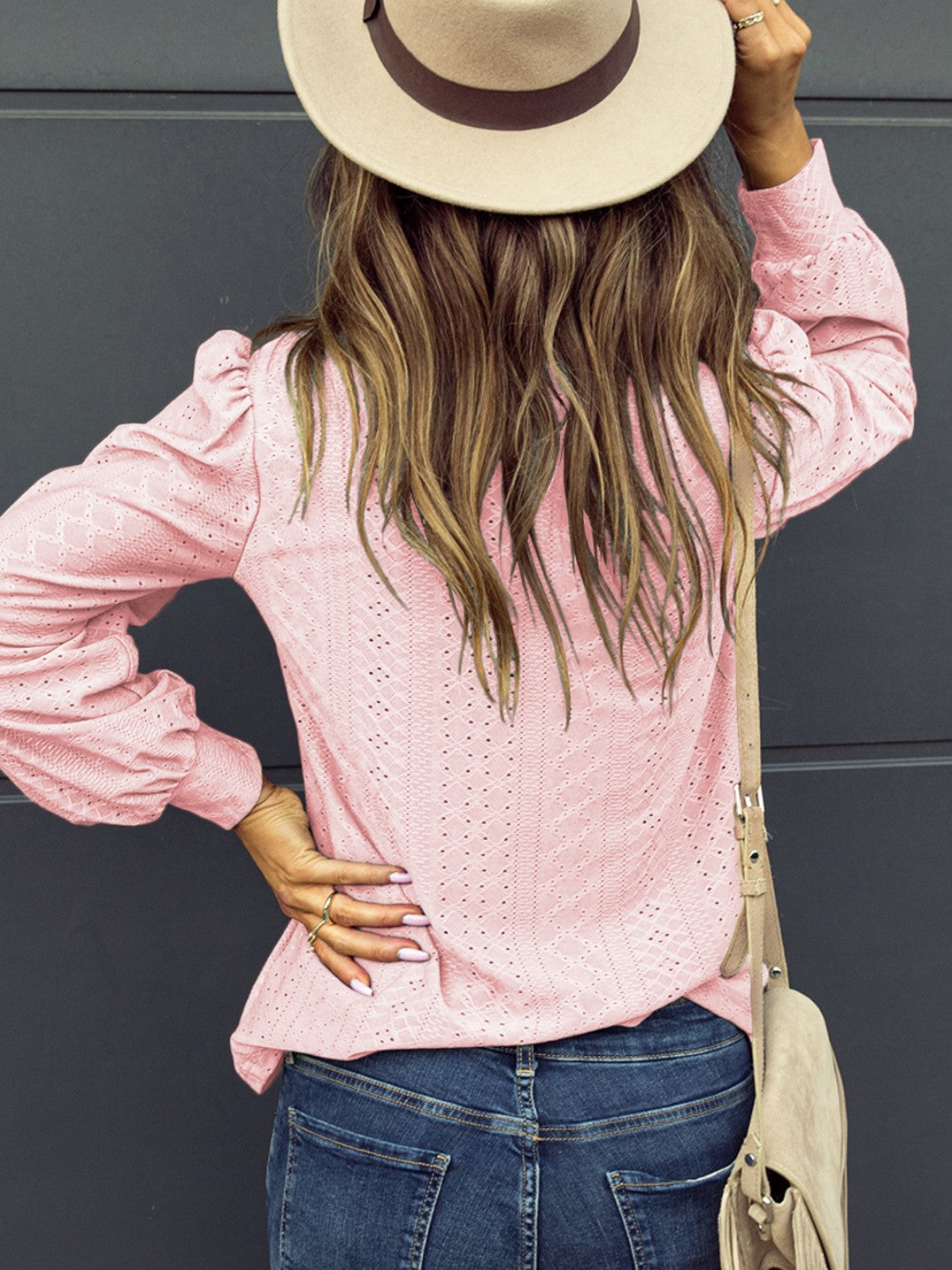 Eyelet V-Neck Long Sleeve Blouse Trendsi