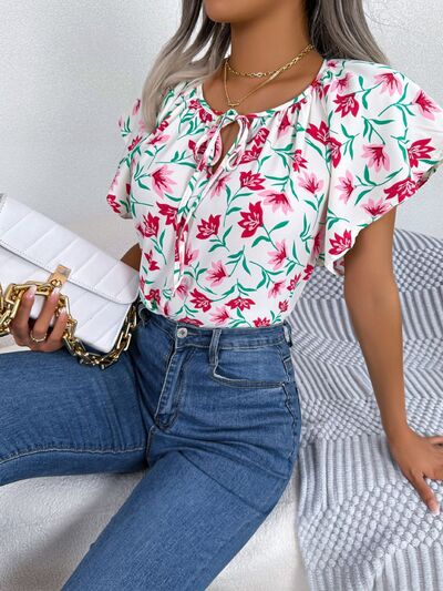 Floral Tie Neck Flutter Sleeve Blouse Trendsi