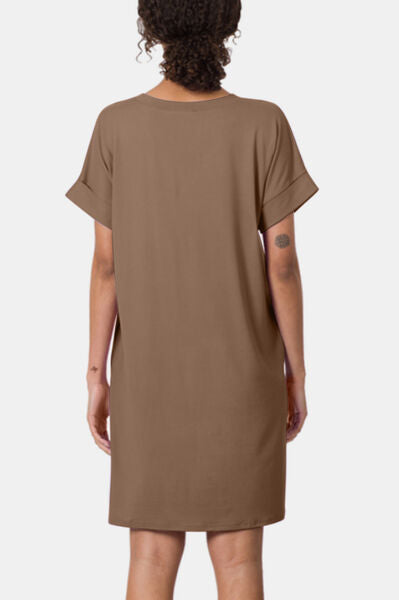 Zenana Rolled Short Sleeve V-Neck Dress Trendsi
