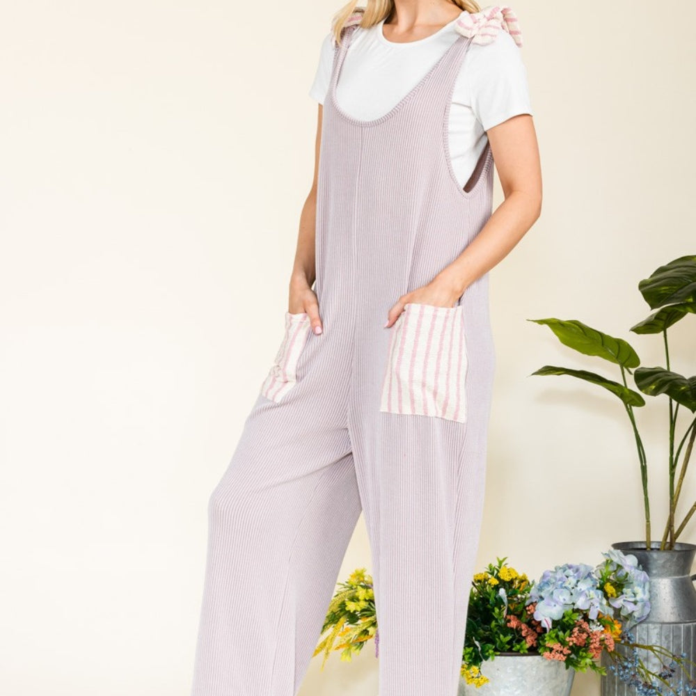 Celeste Full Size Stripe Contrast Pocket Rib Jumpsuit Trendsi