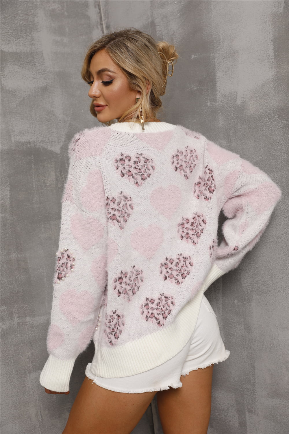 Heart Pattern Round Neck Long Sleeve Sweater Trendsi