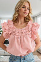 Ruffled Round Neck Cap Sleeve Blouse Trendsi