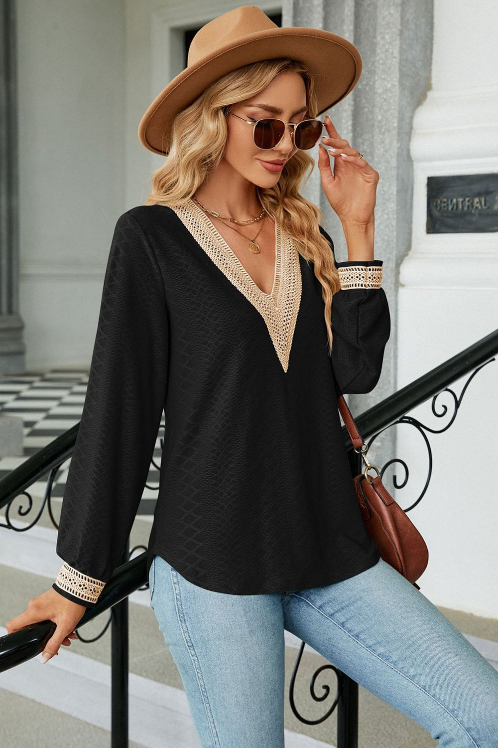 V-Neck Long Sleeve Blouse Trendsi