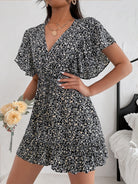 Cutout Ditsy Floral Surplice Flounce Sleeve Dress Trendsi