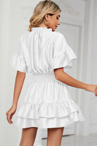 Smocked Tie Neck Flounce Sleeve Dress Trendsi