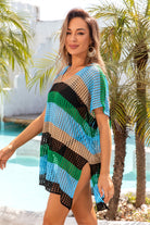 Openwork Striped V-Neck Short Sleeve Cover Up Trendsi