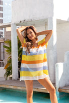 Openwork Striped V-Neck Short Sleeve Cover Up Trendsi