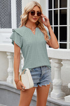 Eyelet Notched Short Sleeve T-Shirt Trendsi