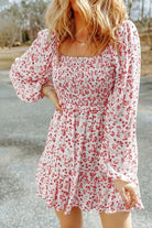 Smocked Floral Square Neck Balloon Sleeve Dress Trendsi