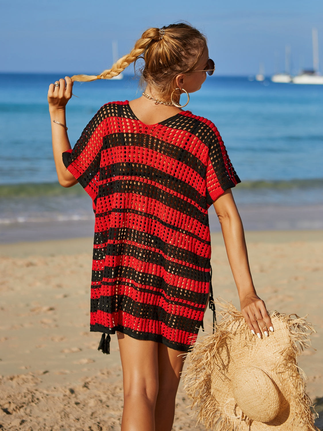 Tassel Openwork Striped V-Neck Cover Up Trendsi