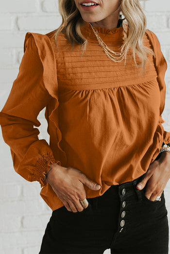 Ruffled Mock Neck Long Sleeve Blouse Trendsi