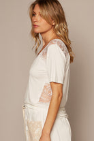 POL V-Neck Short Sleeve Lace Trim Top Trendsi