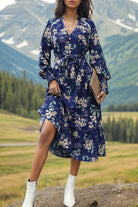 Printed Notched Lantern Sleeve Midi Dress Trendsi