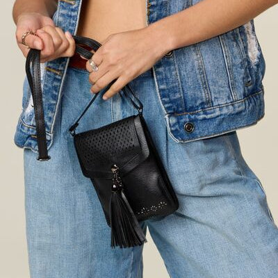 Zenana PU Leather Tassel Hollowed Crossbody Bag Trendsi