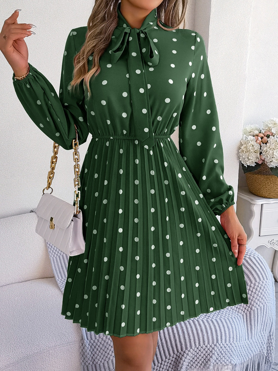 Polka Dot Tie Neck Pleated Dress Trendsi