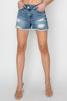 RISEN Stepped Waist Frayed Denim Shorts Trendsi