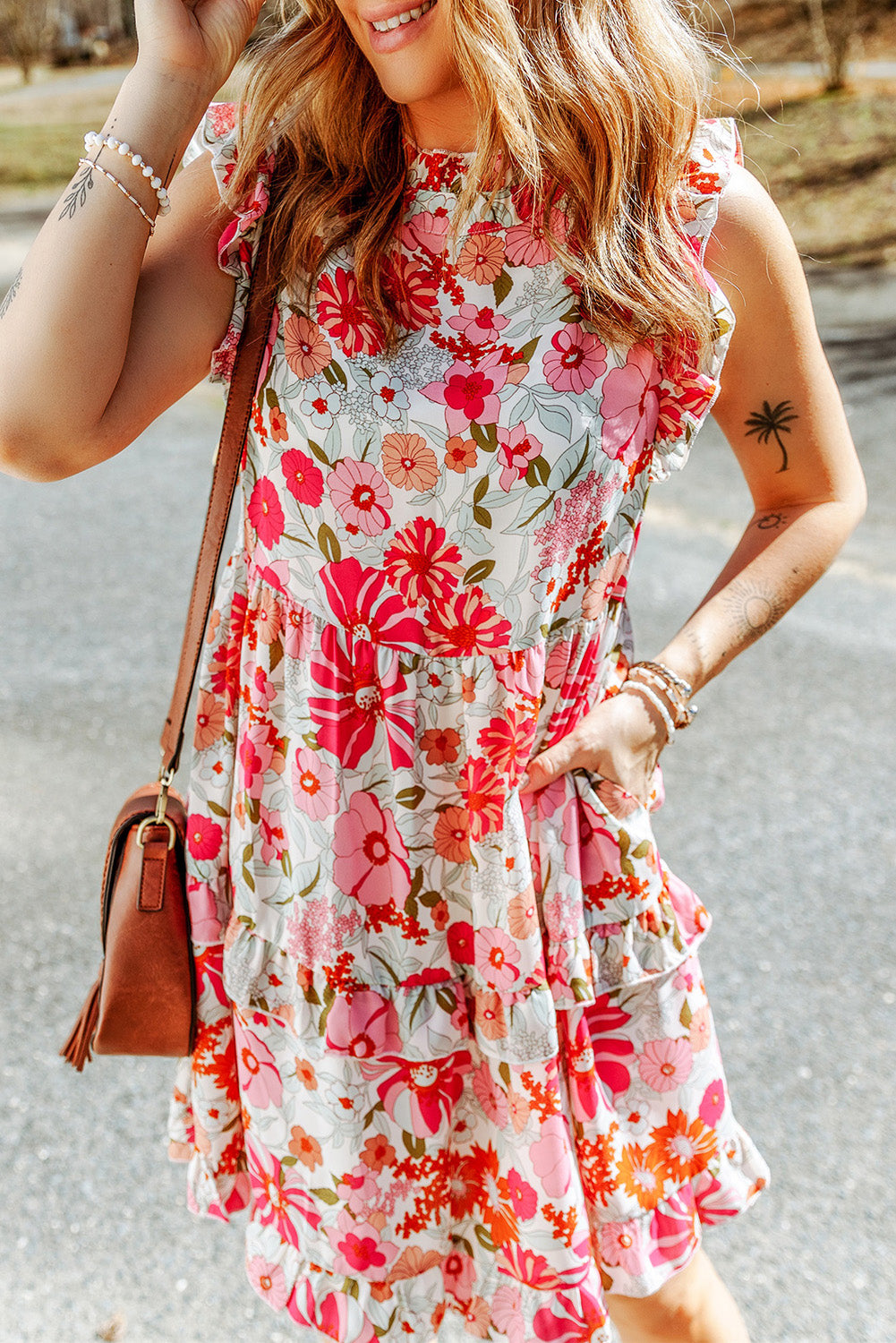 Ruffled Printed Mock Neck Dress Trendsi