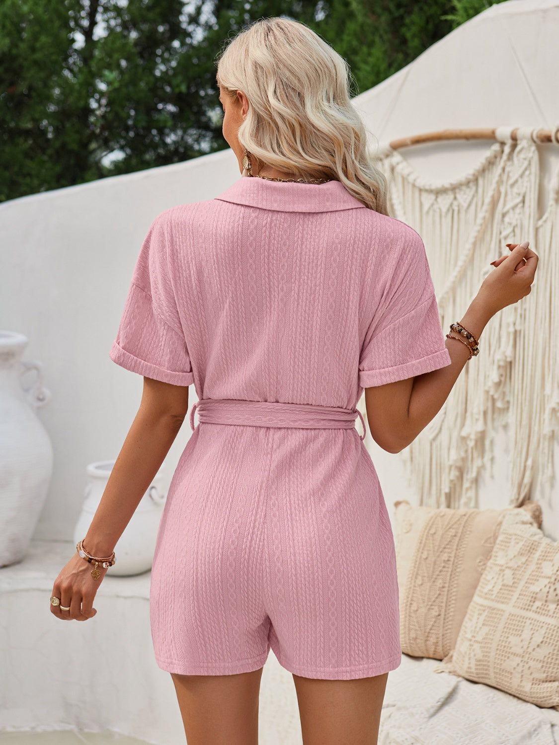 Short Sleeve Tie Waist Romper Trendsi