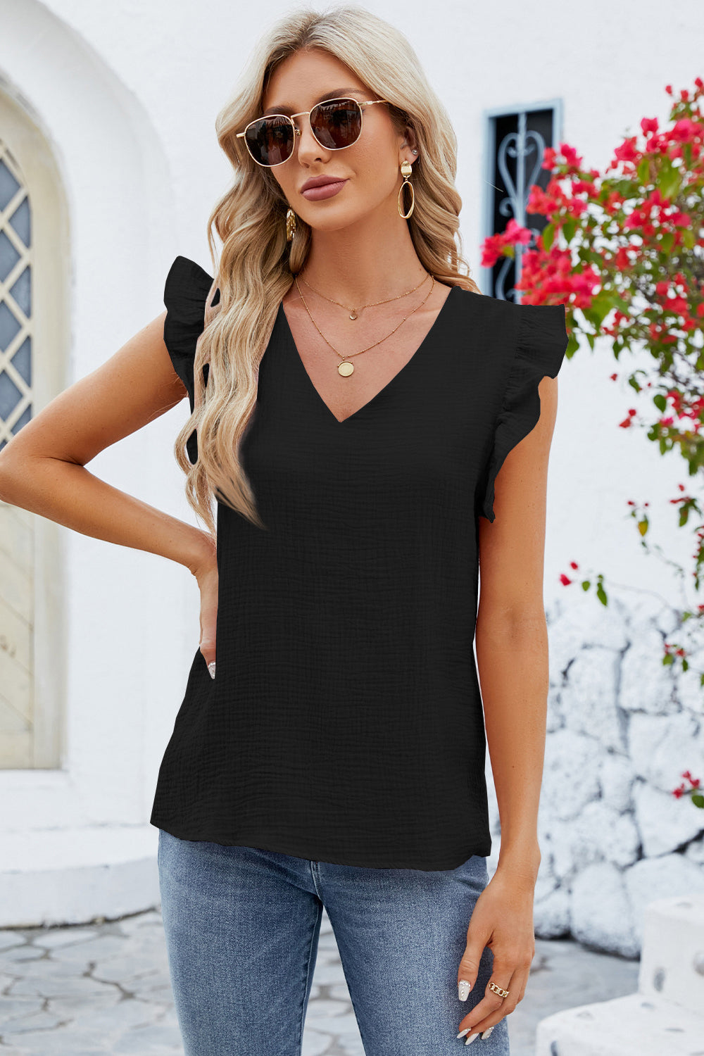 Ruffled V-Neck Cap Sleeve Blouse Trendsi