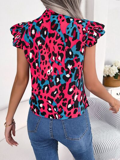 Leopard Tie Neck Cap Sleeve Blouse Trendsi