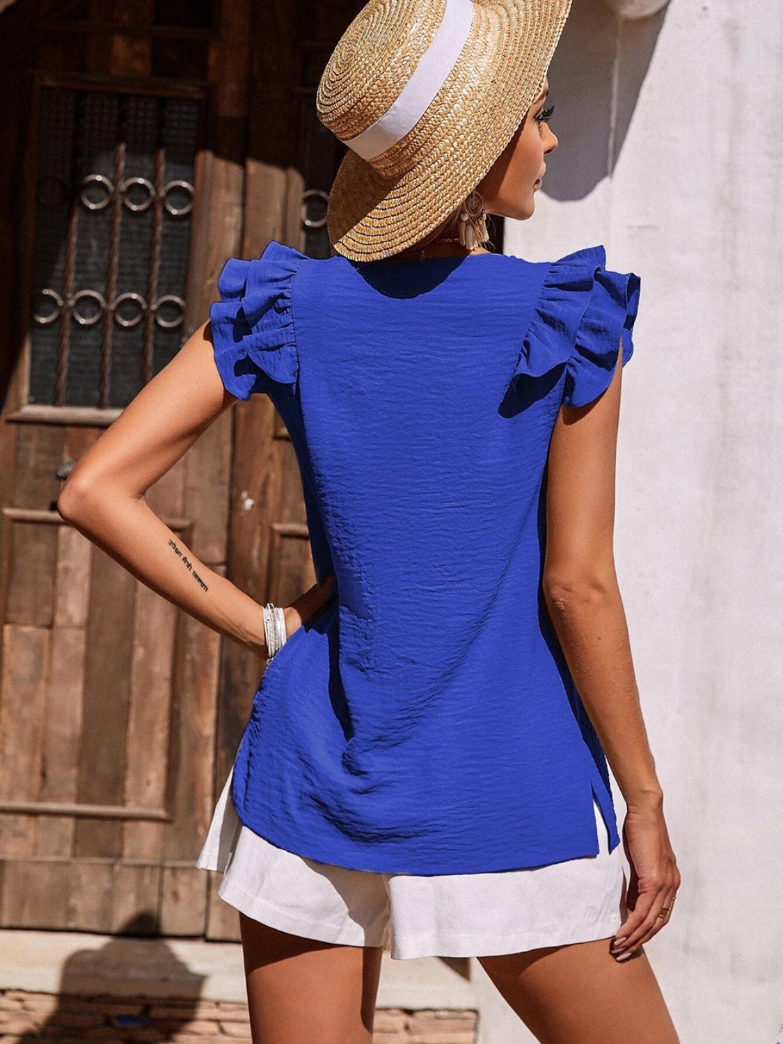 Ruffled V-Neck Cap Sleeve Blouse Trendsi