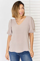 Zenana V-Neck Puff Sleeve Top Trendsi