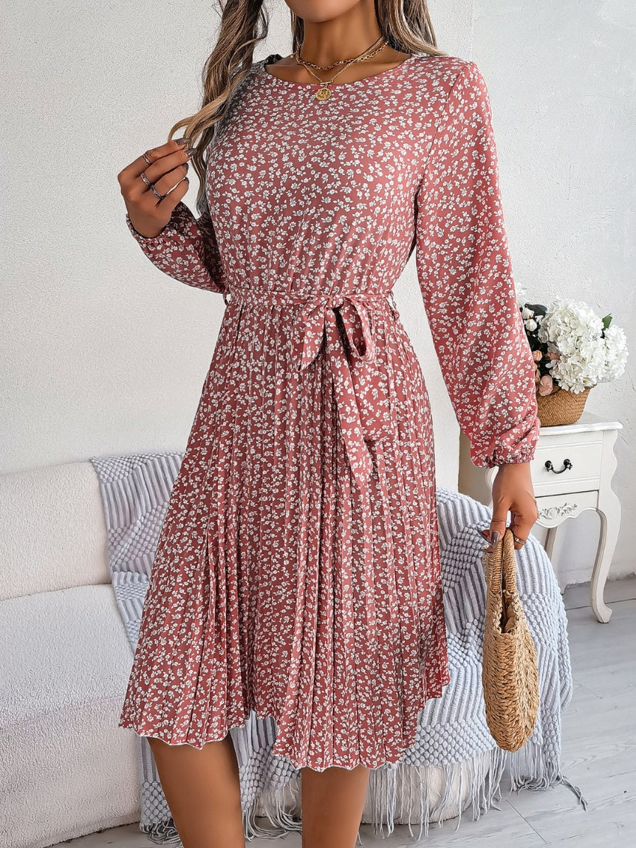 Ditsy Floral Tie Waist Pleated Dress Trendsi