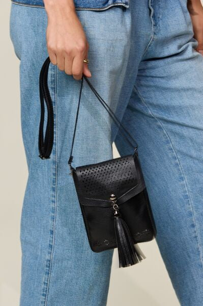 Zenana PU Leather Tassel Hollowed Crossbody Bag Trendsi