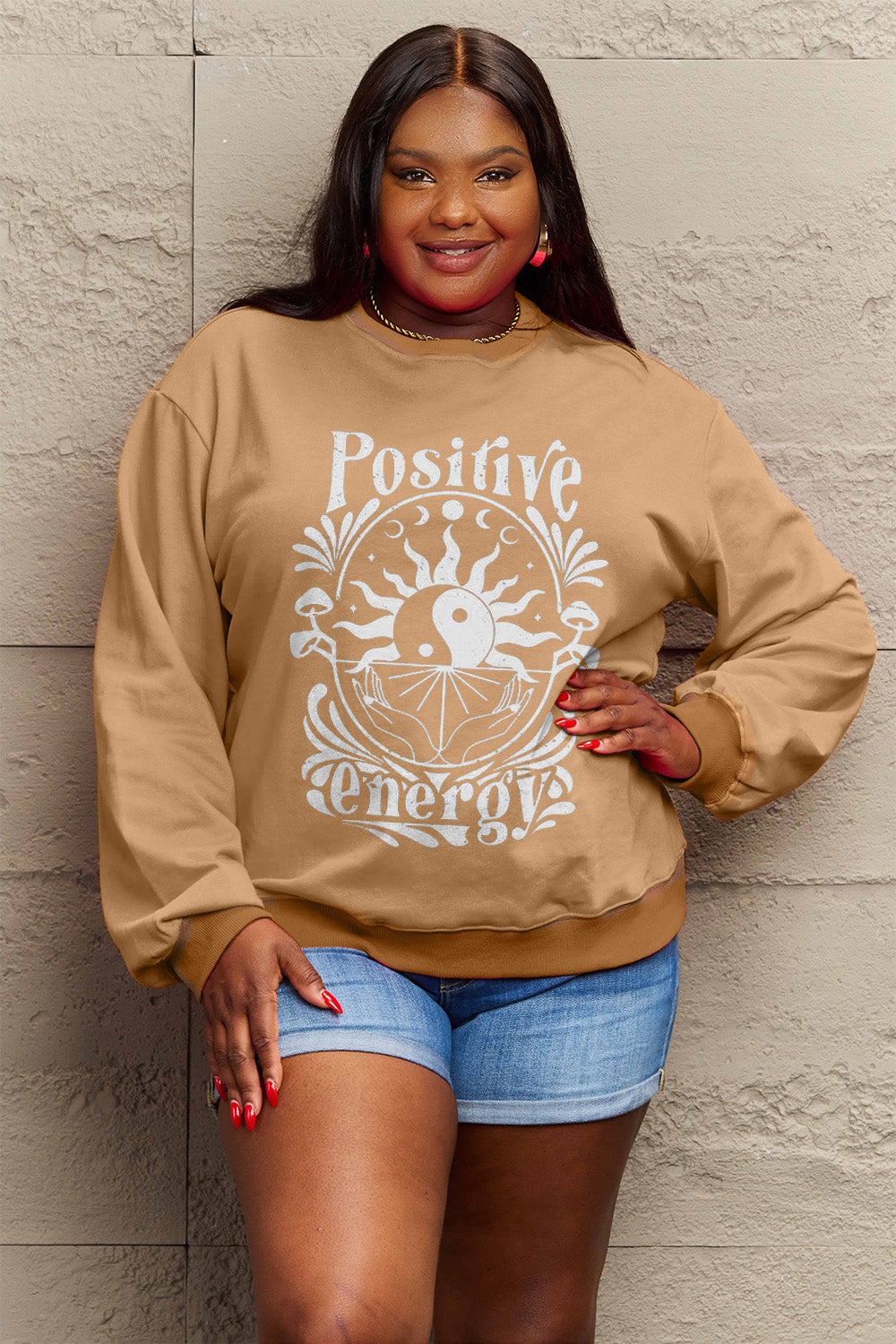 Simply Love Full Size POSITIVE ENERGY Graphic Sweatshirt Trendsi