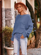 Waffle-Knit Long Sleeve Sweater Trendsi