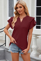 Eyelet Notched Short Sleeve T-Shirt Trendsi