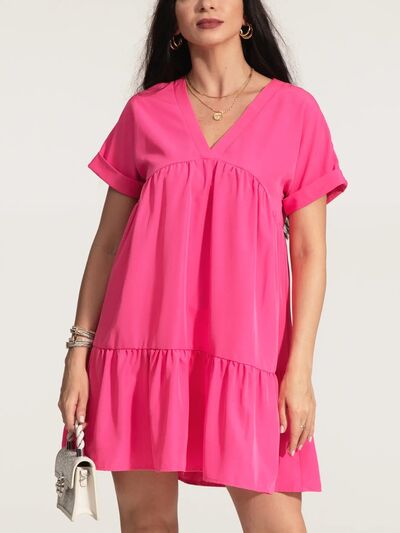 V-Neck Short Sleeve Ruffle Hem Dress Trendsi