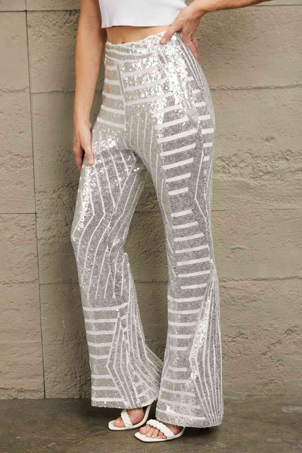 Double Take Sequin High Waist Flared Pants Trendsi