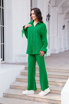 Drawstring Flounce Sleeve Shirt and Pants Set Trendsi