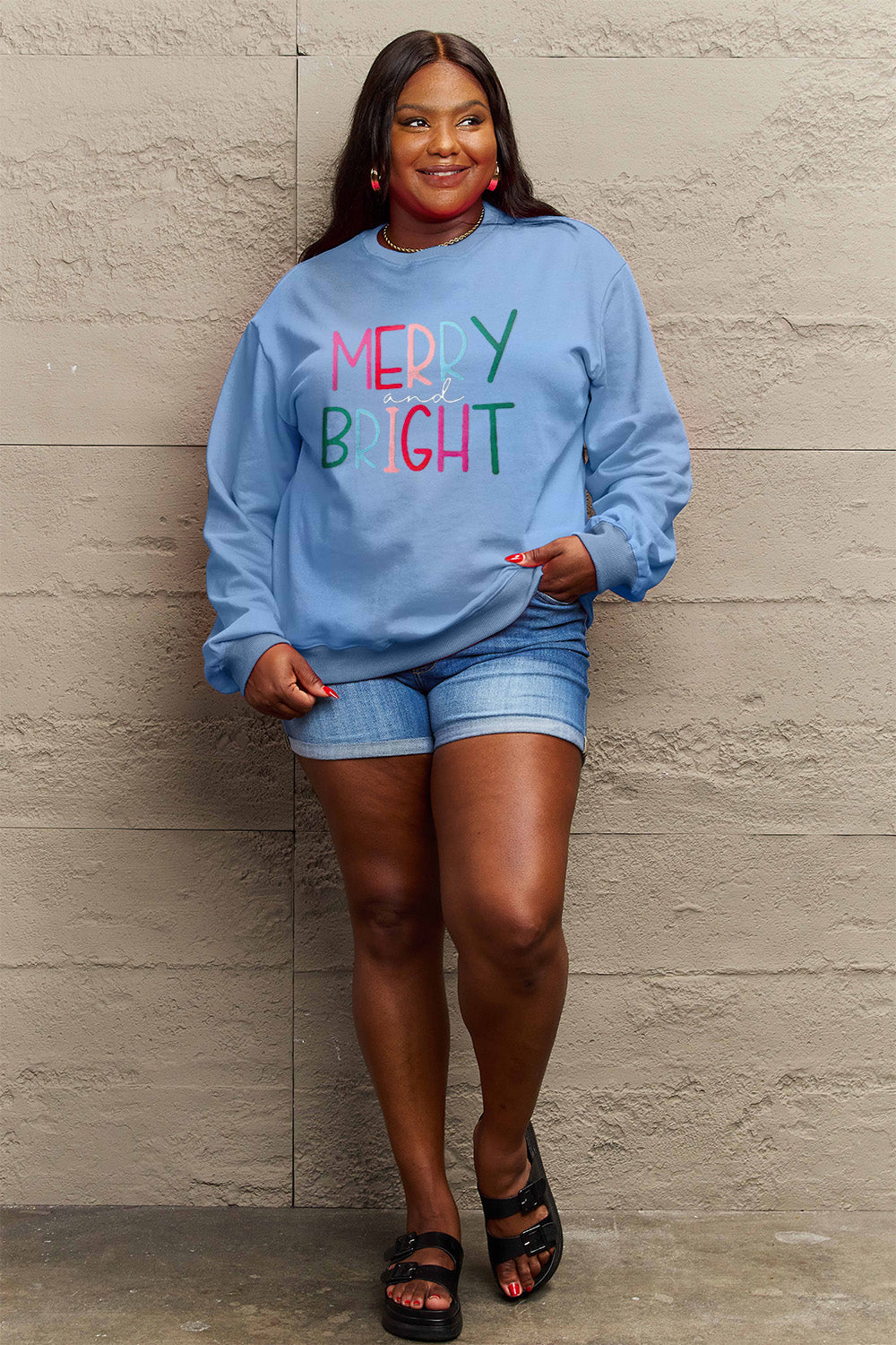 Simply Love Full Size MERRY AND BRIGHT Graphic Sweatshirt Trendsi