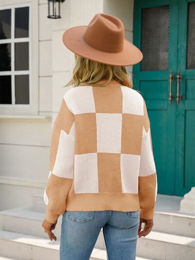 Checkered Round Neck Dropped Shoulder Sweater Trendsi