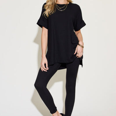 Zenana Full Size Short Sleeve Slit T-Shirt and Leggings Lounge Set Trendsi
