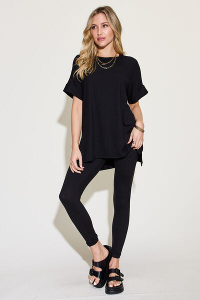 Zenana Full Size Short Sleeve Slit T-Shirt and Leggings Lounge Set Trendsi