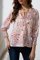 Printed Tie Neck Long Sleeve Blouse Trendsi