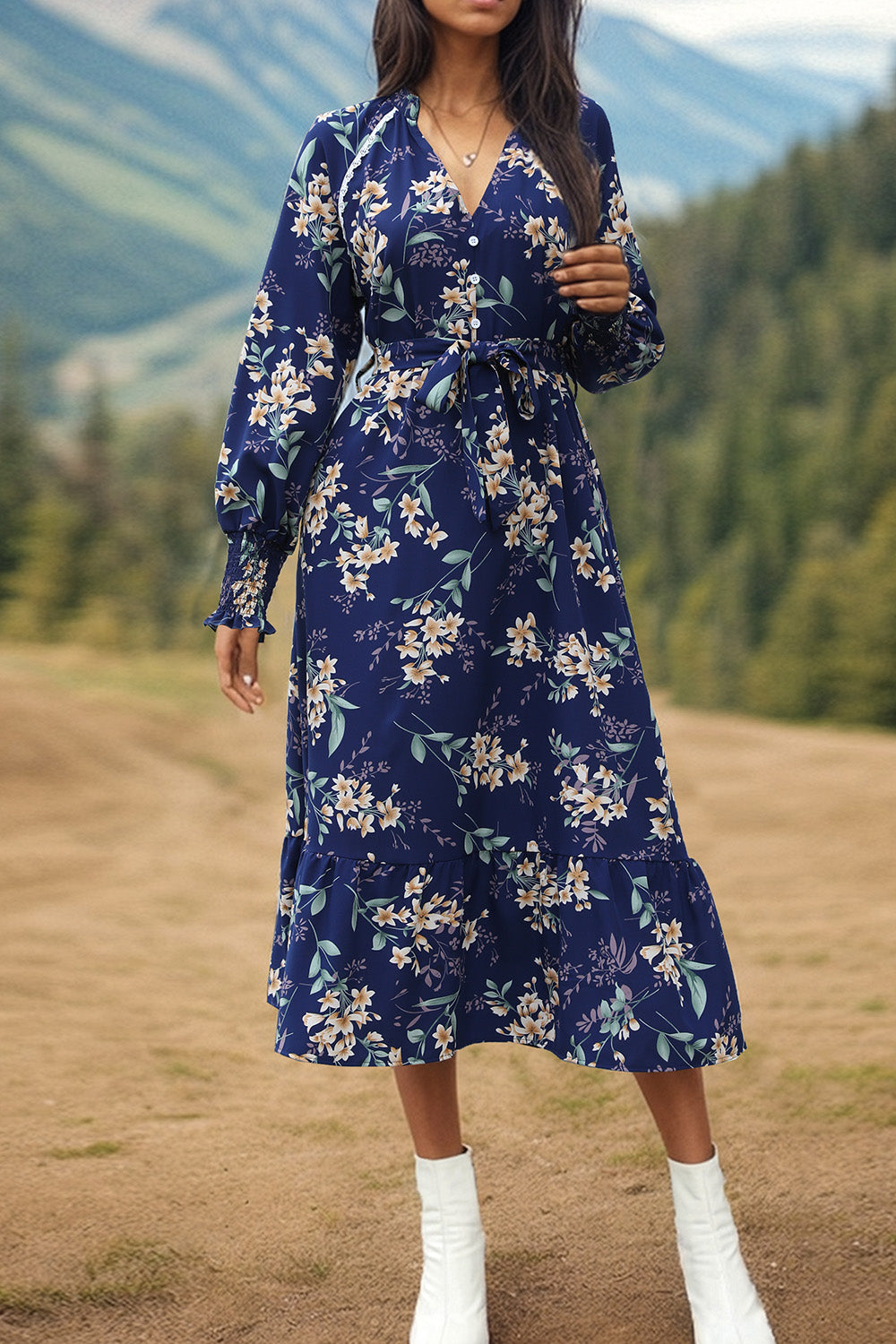 Printed Notched Lantern Sleeve Midi Dress Trendsi