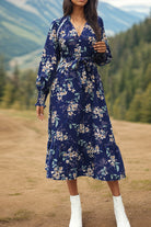 Printed Notched Lantern Sleeve Midi Dress Trendsi