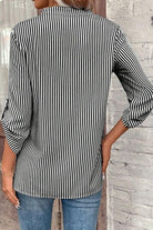 Striped Notched Roll-Tab Sleeve Shirt Trendsi