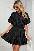 Smocked Tie Neck Flounce Sleeve Dress Trendsi